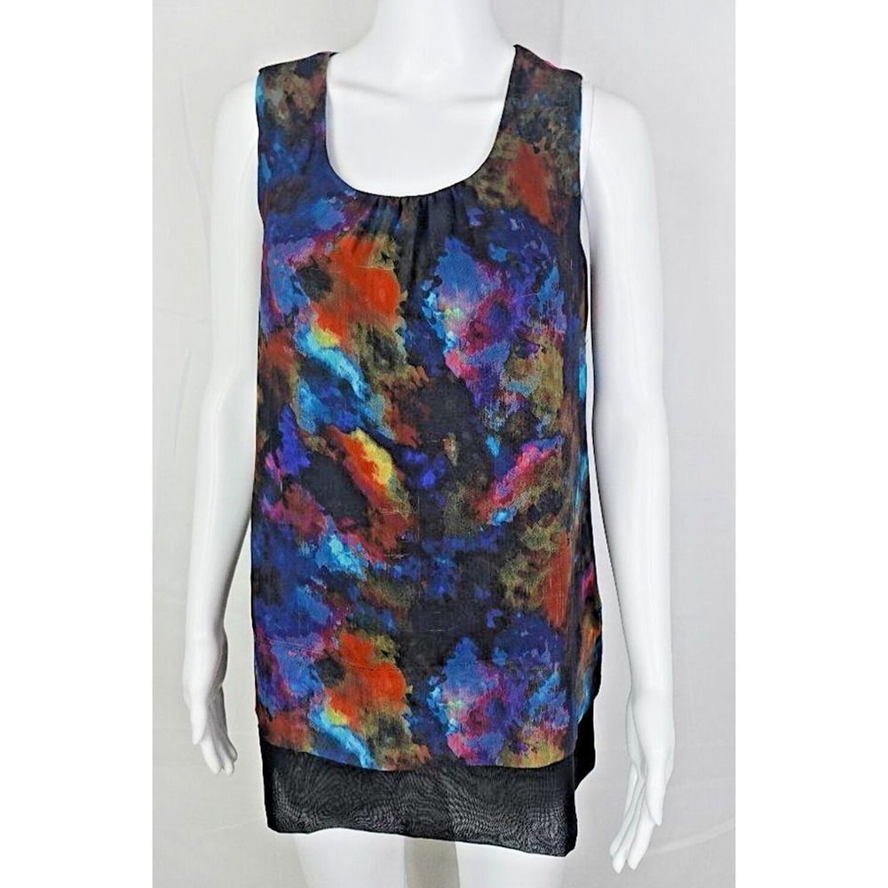 Simply Vera Wang Tunic XS Black Sheer Camo V-Neck Short‎ Sleeve Blouse